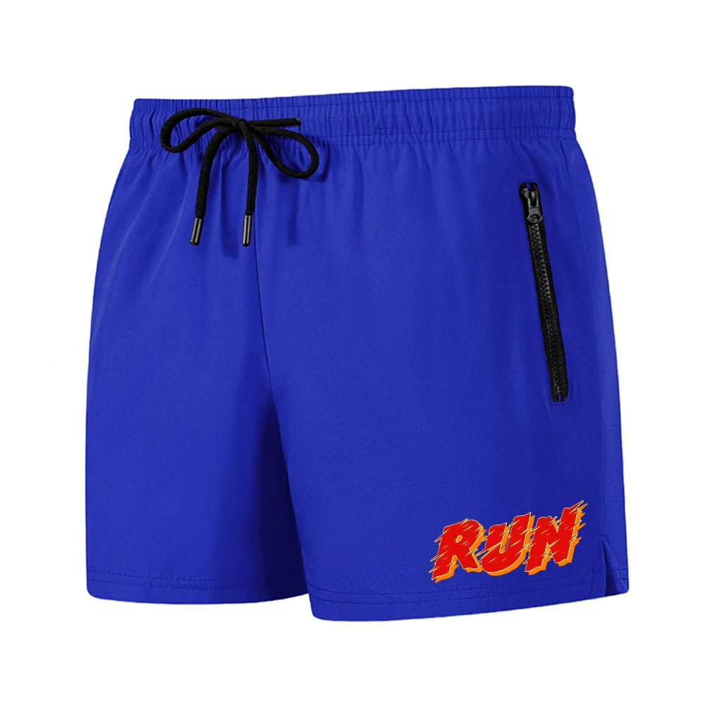 Men's Run Print Fitness Shorts Breathable Mesh Lined Summer Running Cycling Swimming Surfing Drawstring Beachwear Swim Trunks