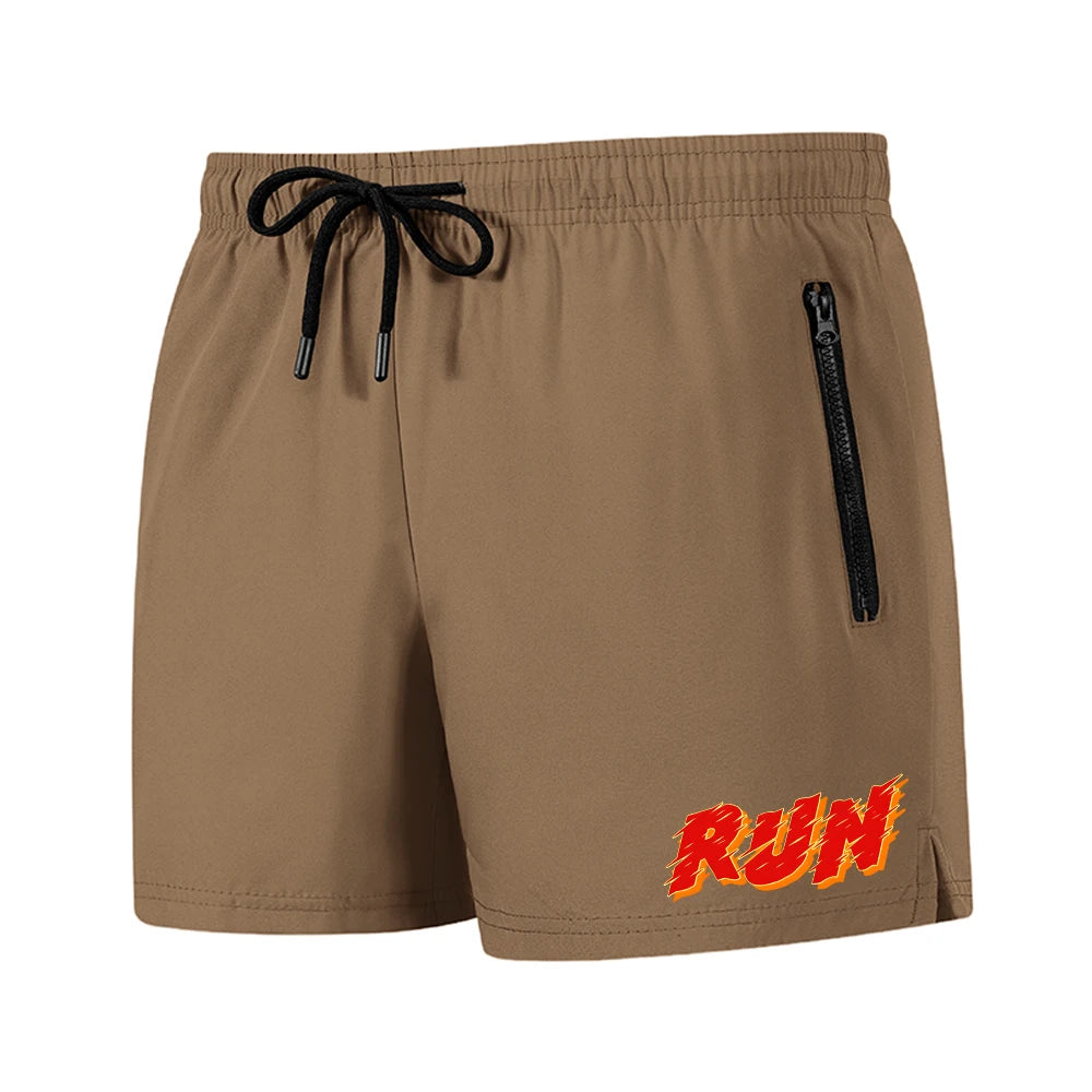 Men's Run Print Fitness Shorts Breathable Mesh Lined Summer Running Cycling Swimming Surfing Drawstring Beachwear Swim Trunks