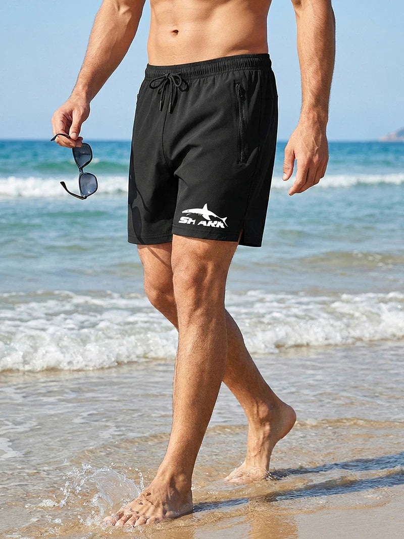 Shark Print Men's Beach Shorts Summer Casual Board Shorts with Mesh Liner Zipper Pockets Quick Dry Swim Trunks Bathing Suit
