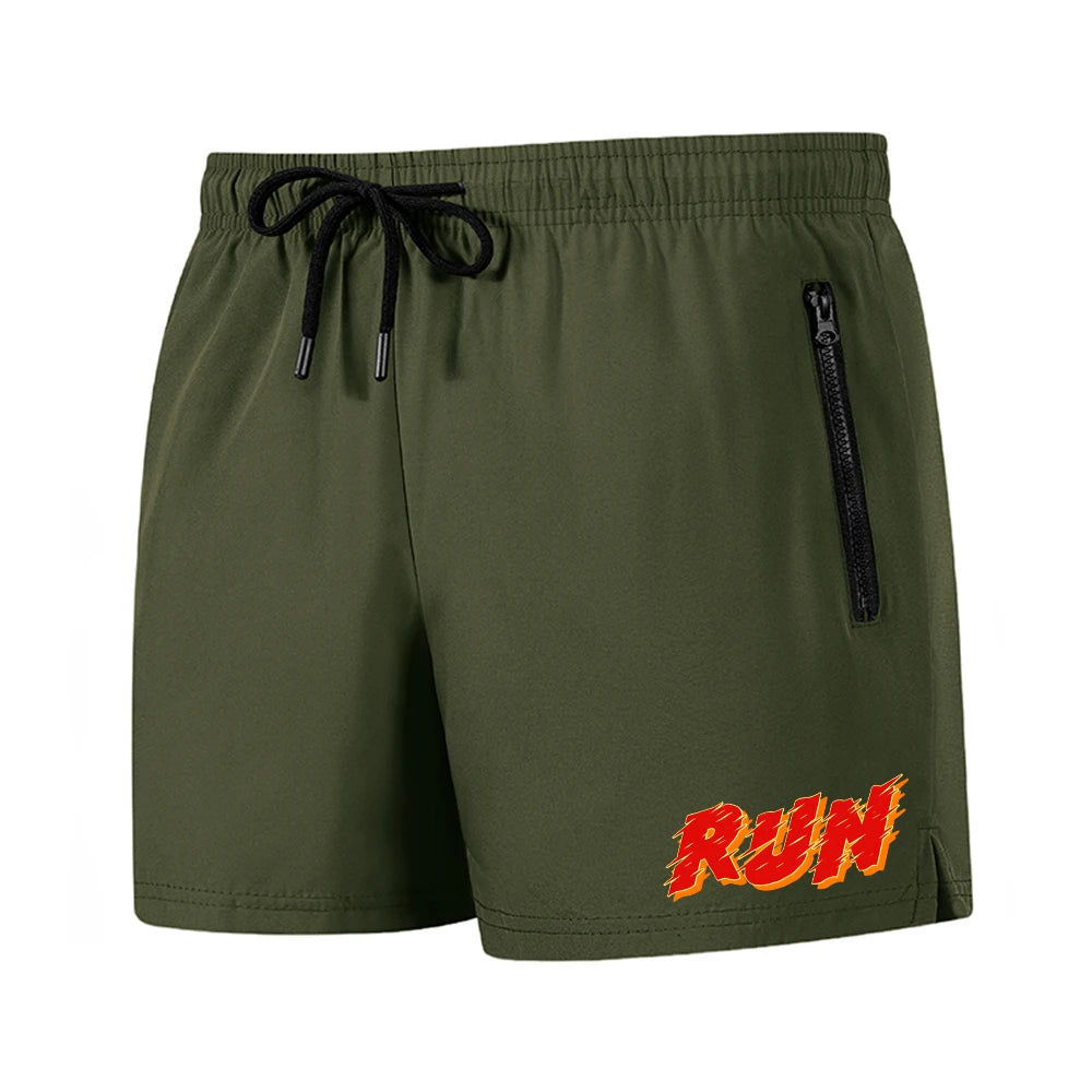 Men's Run Print Fitness Shorts Breathable Mesh Lined Summer Running Cycling Swimming Surfing Drawstring Beachwear Swim Trunks