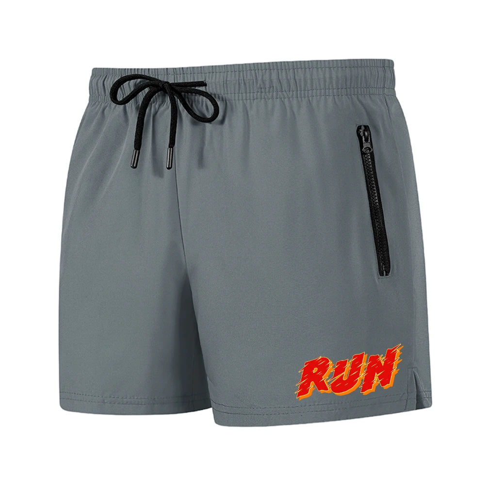 Men's Run Print Fitness Shorts Breathable Mesh Lined Summer Running Cycling Swimming Surfing Drawstring Beachwear Swim Trunks