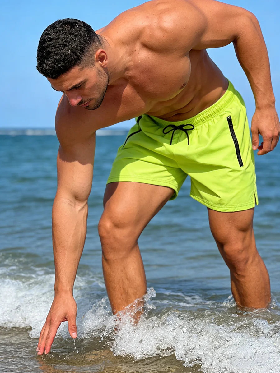 Men's Run Print Fitness Shorts Breathable Mesh Lined Summer Running Cycling Swimming Surfing Drawstring Beachwear Swim Trunks