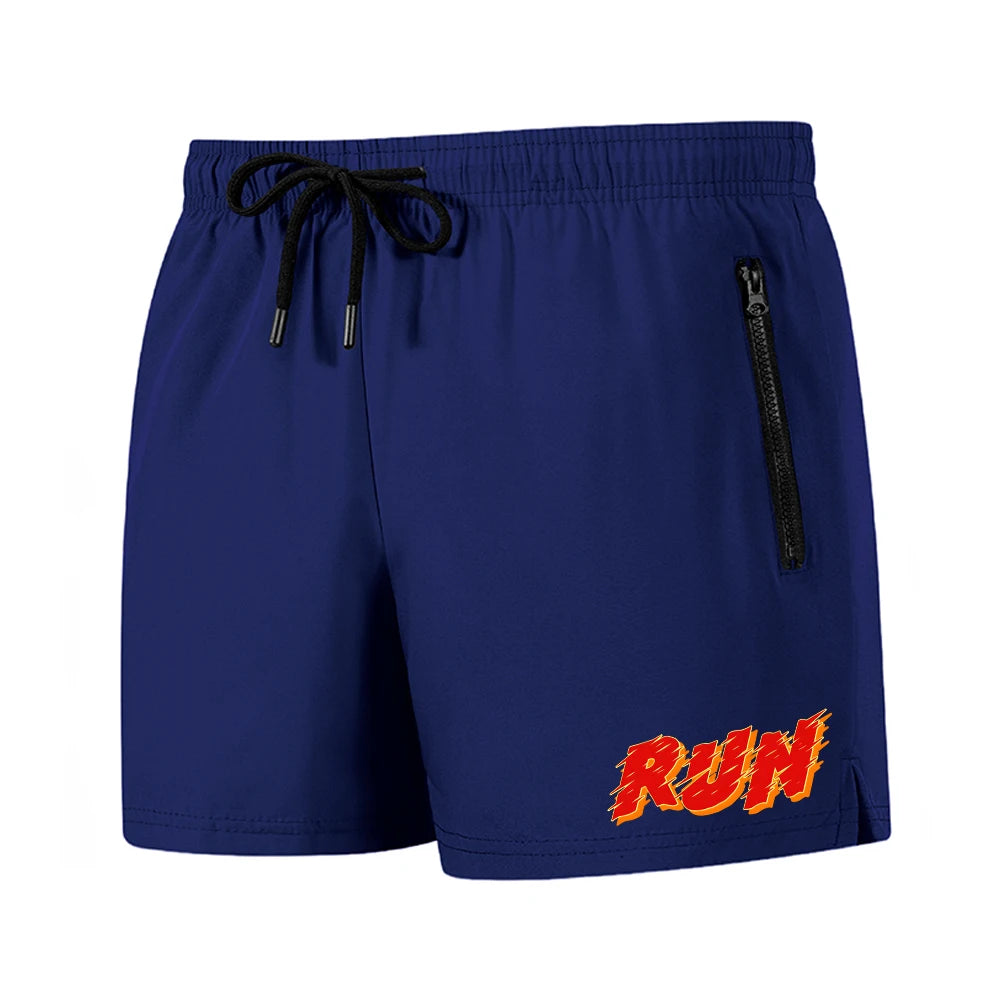 Men's Run Print Fitness Shorts Breathable Mesh Lined Summer Running Cycling Swimming Surfing Drawstring Beachwear Swim Trunks