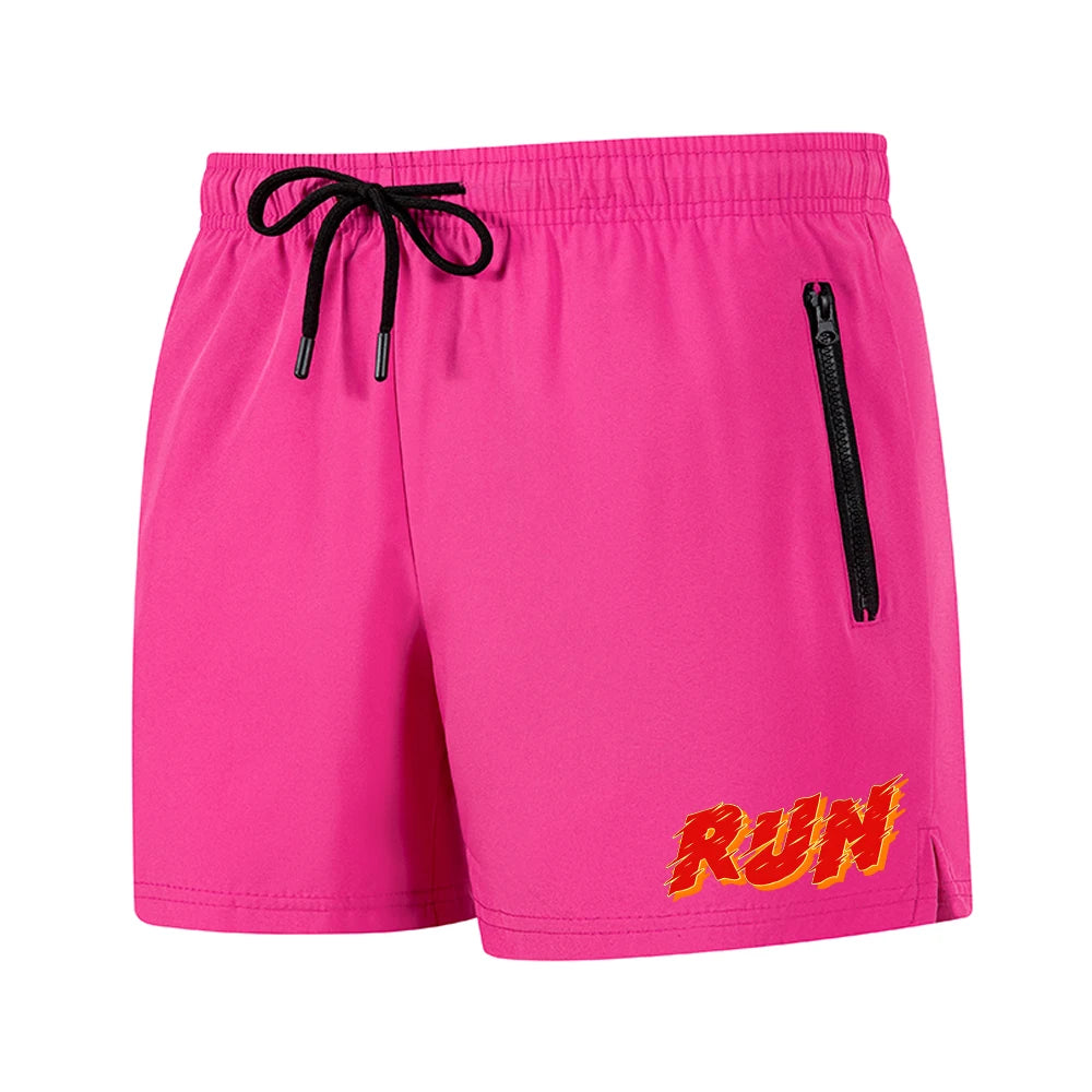 Men's Run Print Fitness Shorts Breathable Mesh Lined Summer Running Cycling Swimming Surfing Drawstring Beachwear Swim Trunks