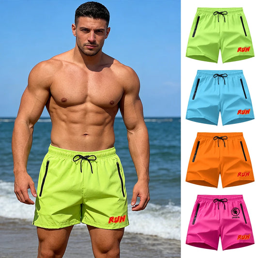 Men's Run Print Fitness Shorts Breathable Mesh Lined Summer Running Cycling Swimming Surfing Drawstring Beachwear Swim Trunks