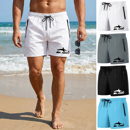 Shark Print Men's Beach Shorts Summer Casual Board Shorts with Mesh Liner Zipper Pockets Quick Dry Swim Trunks Bathing Suit