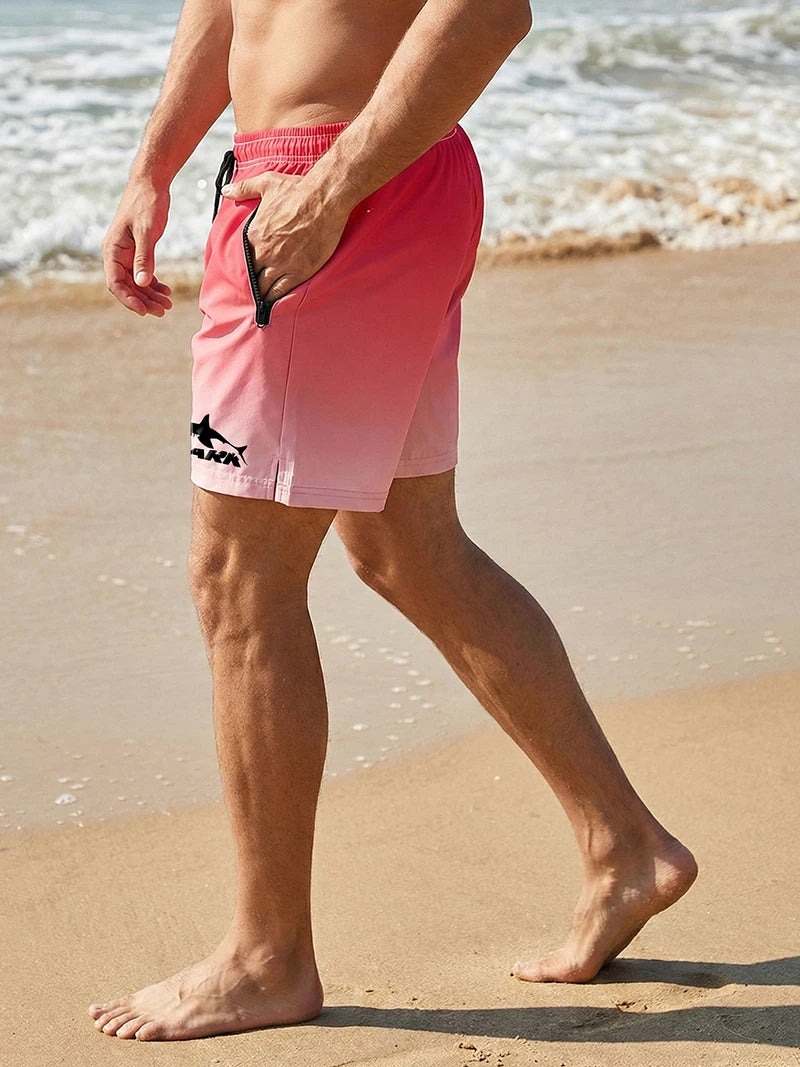 Shark Print Men's Beach Shorts Summer Casual Board Shorts with Mesh Liner Zipper Pockets Quick Dry Swim Trunks Bathing Suit