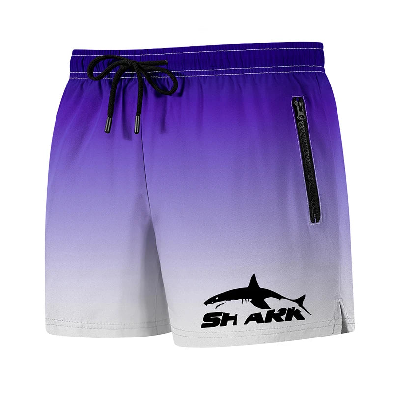 Shark Print Men's Beach Shorts Summer Casual Board Shorts with Mesh Liner Zipper Pockets Quick Dry Swim Trunks Bathing Suit