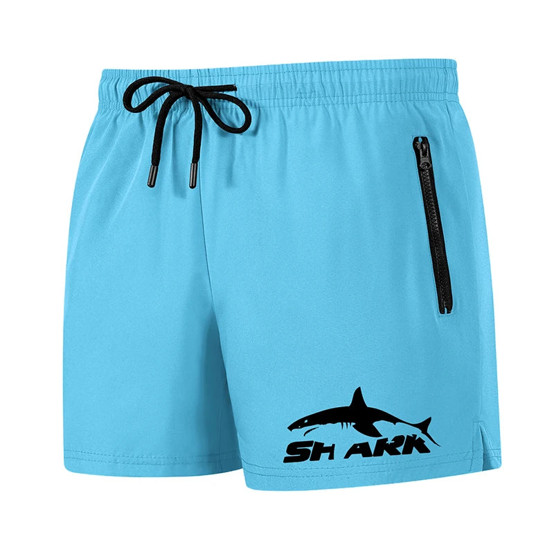 Shark Print Men's Beach Shorts Summer Casual Board Shorts with Mesh Liner Zipper Pockets Quick Dry Swim Trunks Bathing Suit
