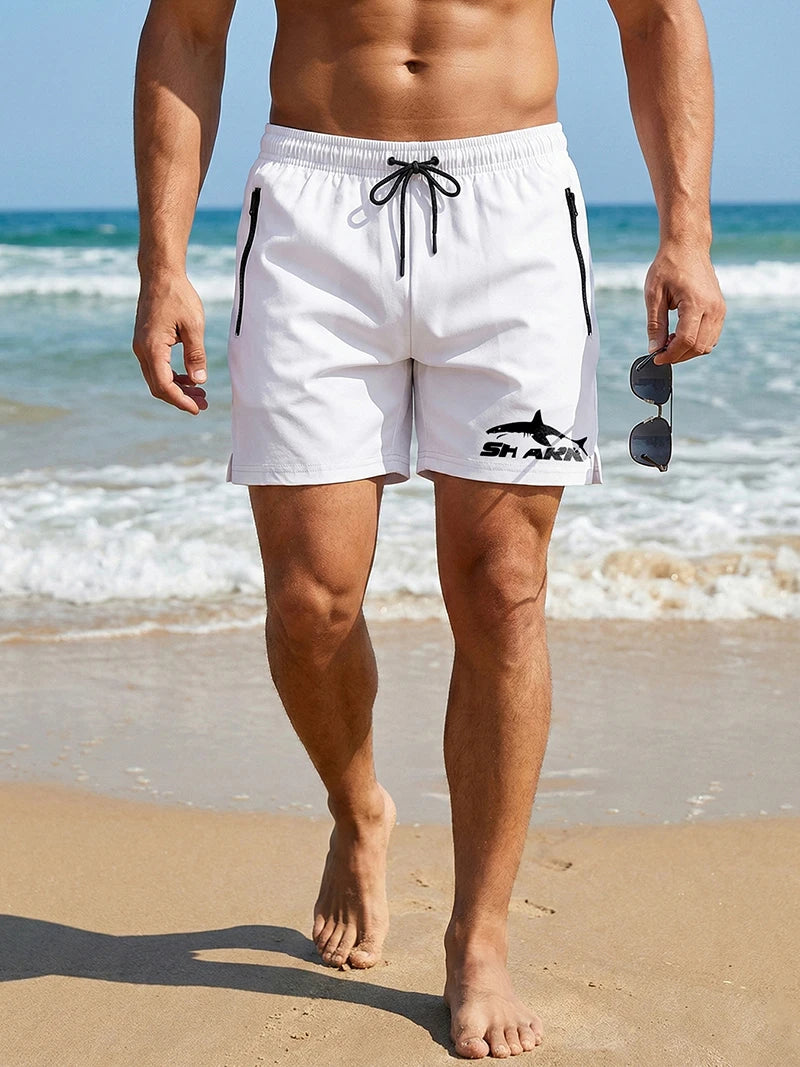 Shark Print Men's Beach Shorts Summer Casual Board Shorts with Mesh Liner Zipper Pockets Quick Dry Swim Trunks Bathing Suit
