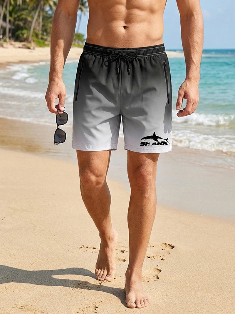 Shark Print Men's Beach Shorts Summer Casual Board Shorts with Mesh Liner Zipper Pockets Quick Dry Swim Trunks Bathing Suit
