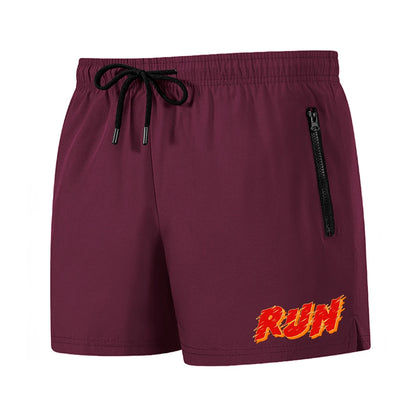 Men's Run Print Fitness Shorts Breathable Mesh Lined Summer Running Cycling Swimming Surfing Drawstring Beachwear Swim Trunks